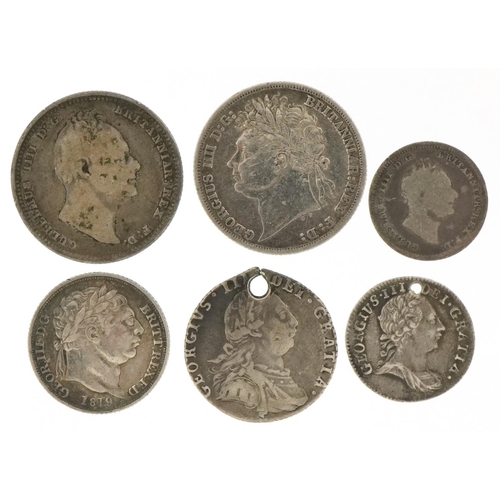 2151 - Six 18th century and later British silver coins comprising two one shillings, two sixpences and two ... 