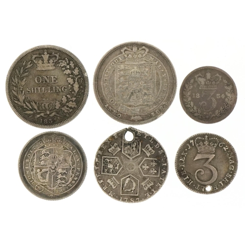 2151 - Six 18th century and later British silver coins comprising two one shillings, two sixpences and two ... 