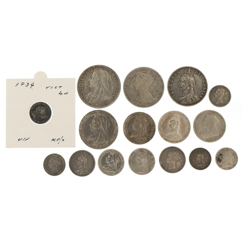 2145 - British Victorian 19th century silver coinage including 1900 shield back half crown, 1873 Gothic flo... 