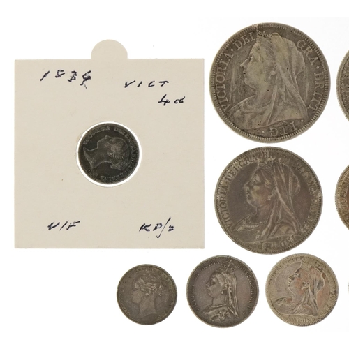 2145 - British Victorian 19th century silver coinage including 1900 shield back half crown, 1873 Gothic flo... 