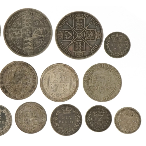 2145 - British Victorian 19th century silver coinage including 1900 shield back half crown, 1873 Gothic flo... 