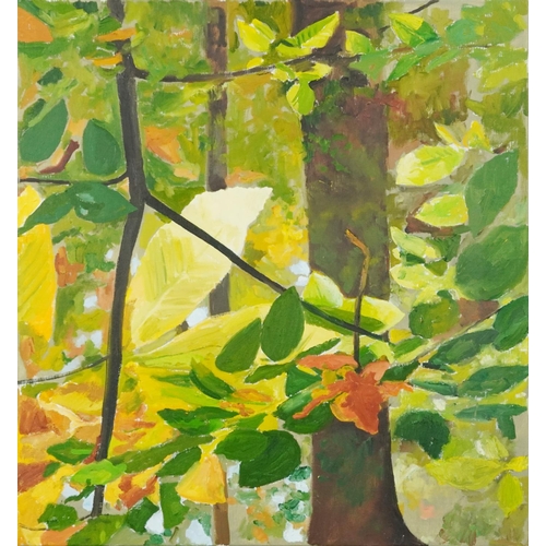 3603 - Woodland scene, contemporary Modern British school oil on canvas, unframed, 77cm x 71cm