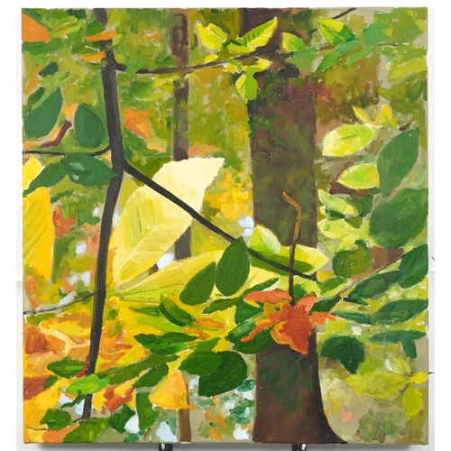 3603 - Woodland scene, contemporary Modern British school oil on canvas, unframed, 77cm x 71cm