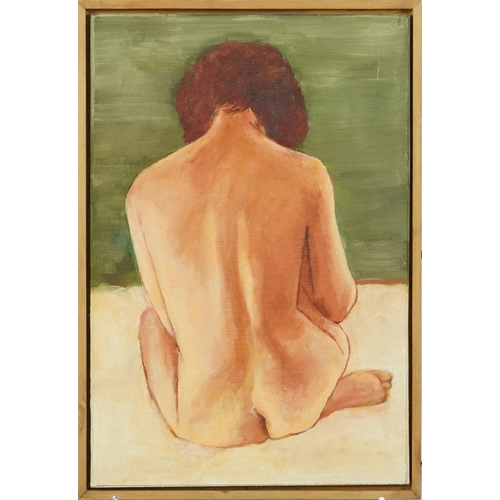 3623 - Seated female nude, 20th century Modern British school oil on board, framed, 43cm x 29cm