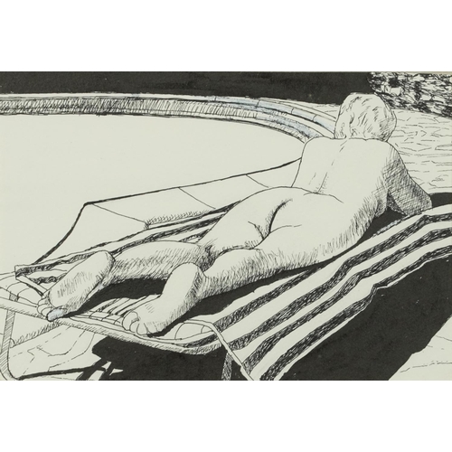 3472 - Reclining female nude, contemporary Modern British School, pen and ink on paper, framed and glazed, ... 