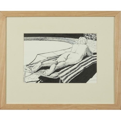 3472 - Reclining female nude, contemporary Modern British School, pen and ink on paper, framed and glazed, ... 