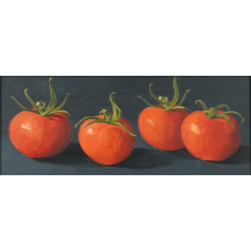 3519 - Tomatoes, contemporary Modern British School, oil on board within a silvered frame, 48cm x 19cm