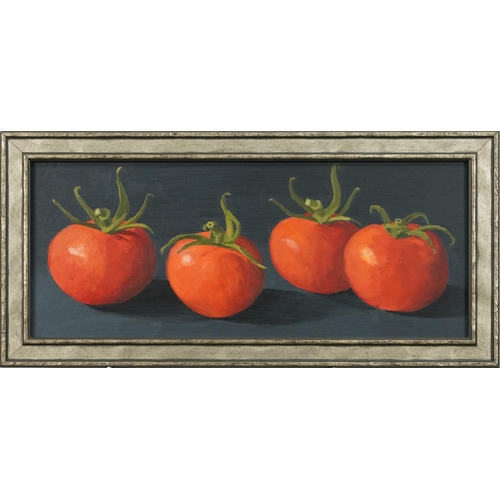 3519 - Tomatoes, contemporary Modern British School, oil on board within a silvered frame, 48cm x 19cm