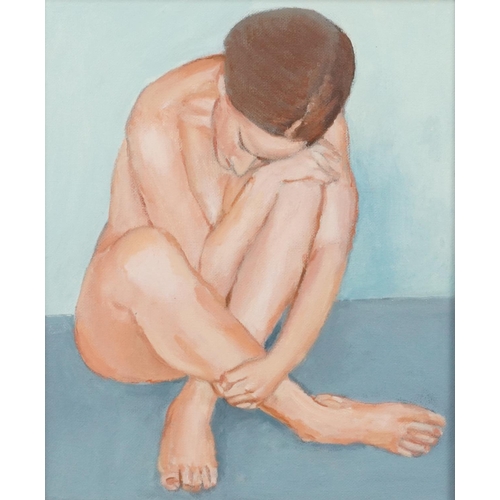 3521 - Seated female nude, 20th century Modern British school oil on canvas, framed, 29cm x 24cm