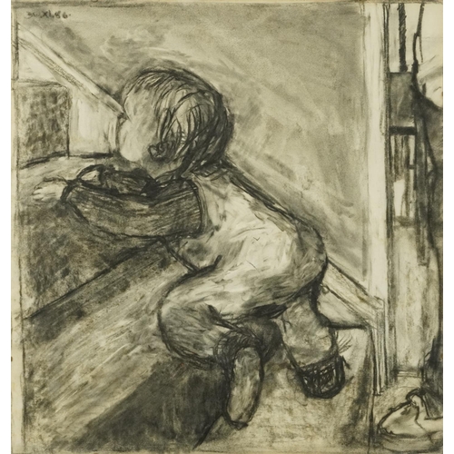 3500 - Child crawling up a staircase, late 20th century British school, charcoal on paper, indistinctly sig... 