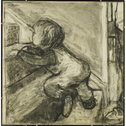 3500 - Child crawling up a staircase, late 20th century British school, charcoal on paper, indistinctly sig... 