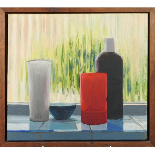 3625 - Still life, late 20th century Modern British school oil on canvas within a pine frame, 46cm x 51cm