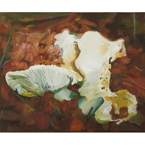 3511 - Abstract mushrooms, contemporary Modern British school oil on canvas within a pine frame, 56cm x 46c... 