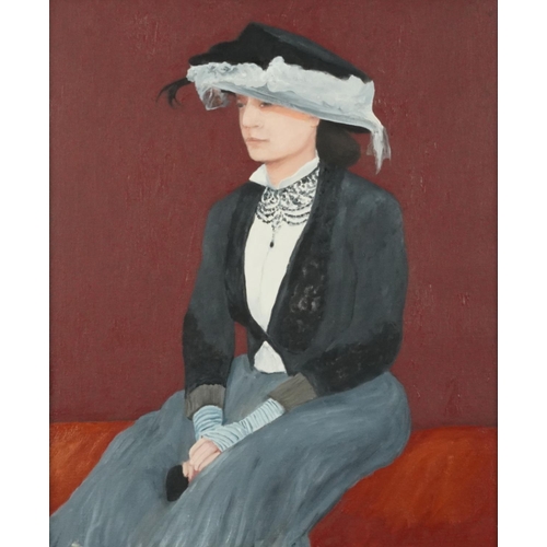 3530 - Three quarter length portrait of a lady in Victorian dress, Modern British school oil on canvas with... 