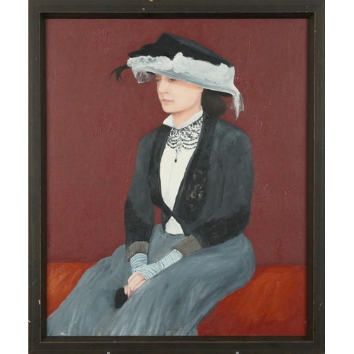 3530 - Three quarter length portrait of a lady in Victorian dress, Modern British school oil on canvas with... 