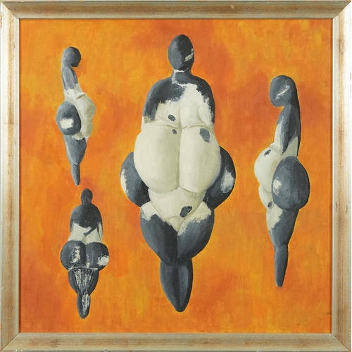 3650 - Abstract figures, contemporary Modern British school oil on canvas within a silvered frame, 50cm x 5... 