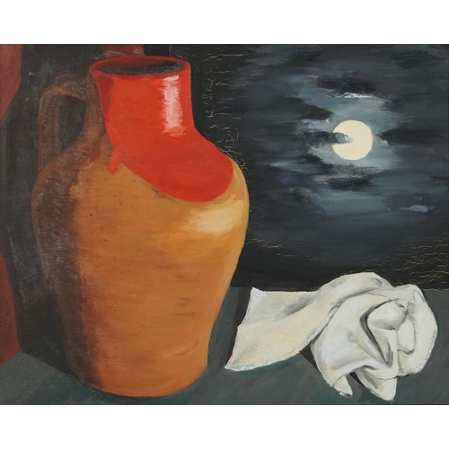 3497 - Moonlit still life, contemporary Modern British school oil on board within an ebonised frame, 59cm x... 