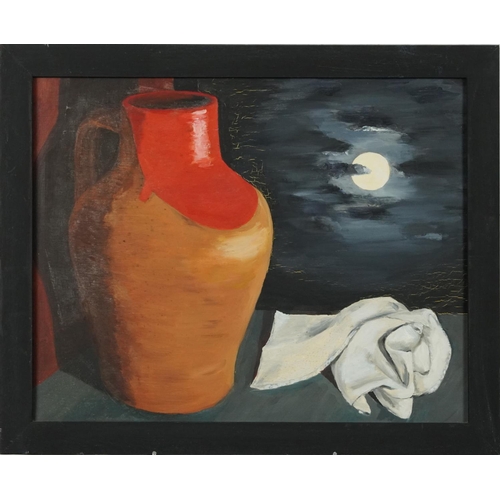 3497 - Moonlit still life, contemporary Modern British school oil on board within an ebonised frame, 59cm x... 