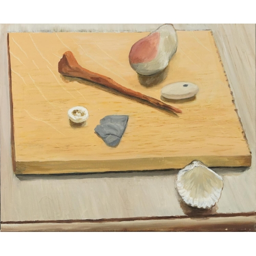 3558 - Still life, contemporary Modern British school oil on canvas within a stained pine frame, 56cm x 40c... 