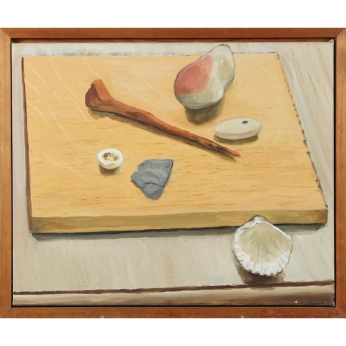 3558 - Still life, contemporary Modern British school oil on canvas within a stained pine frame, 56cm x 40c... 