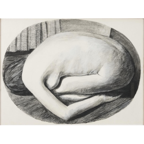 3567 - Kneeling female nude, late 20th century Modern British school oval charcoal on paper within a pine f... 