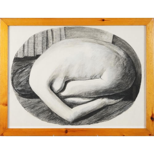 3567 - Kneeling female nude, late 20th century Modern British school oval charcoal on paper within a pine f... 