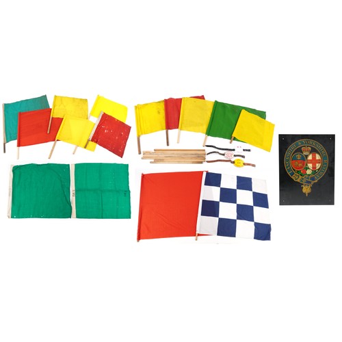 2455 - Railwayana including railway signal flags, enamelled British Rail Look-out armbands and a Lancashire... 