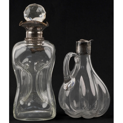 489 - Victorian hour glass decanter with silver plated collar and Georgian silver brandy decanter label to... 