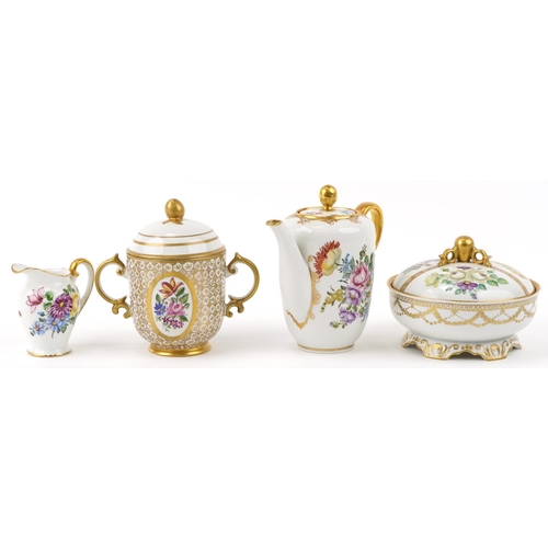 567 - German porcelain including Rosenthal teapot hand painted and gilded with flowers, the largest 16cm h... 