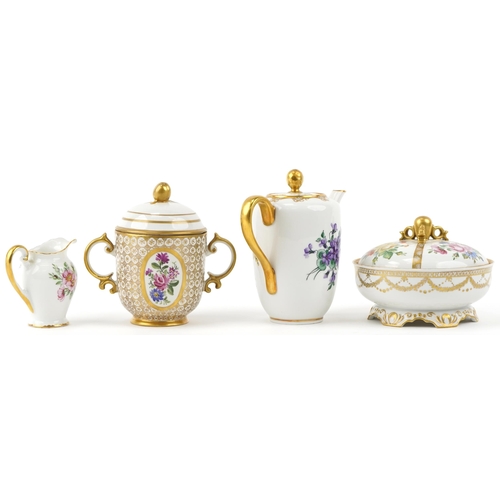 567 - German porcelain including Rosenthal teapot hand painted and gilded with flowers, the largest 16cm h... 