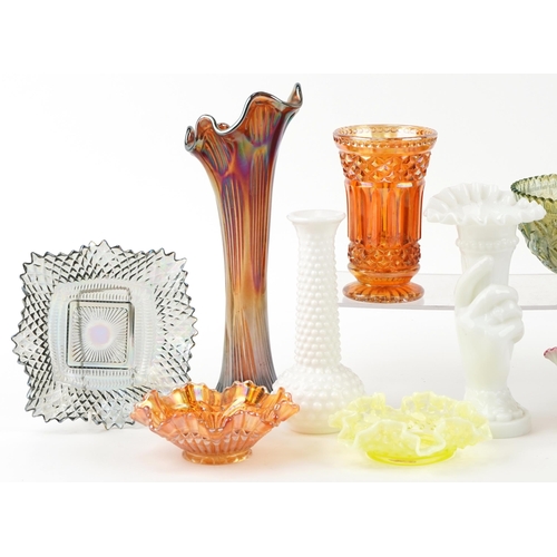 1196 - Vintage and later colourful glassware including carnival glass, vases and bowls and a Vaseline glass... 