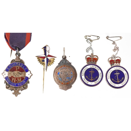 2554 - Military and naval interest enamelled badges and jewels, some silver, including Equitable Friendly S... 