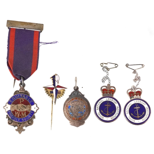 2554 - Military and naval interest enamelled badges and jewels, some silver, including Equitable Friendly S... 