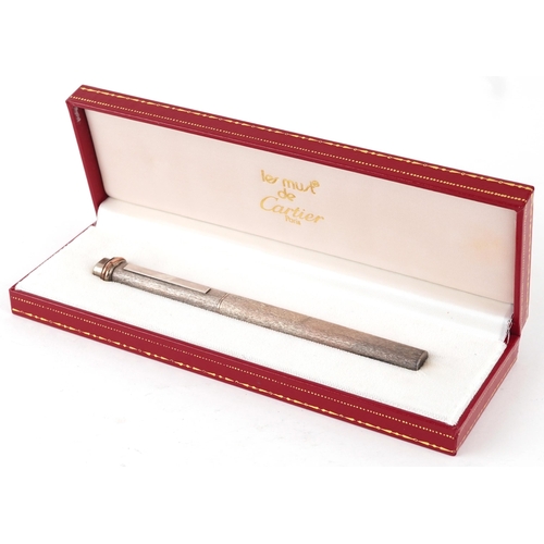 173 - Les Must De Cartier, silver bark design ballpoint pen with box, numbered 120023