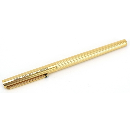 166 - Montblanc gold plated fountain pen engraved American Express Bank, London, with box and personal Mon... 