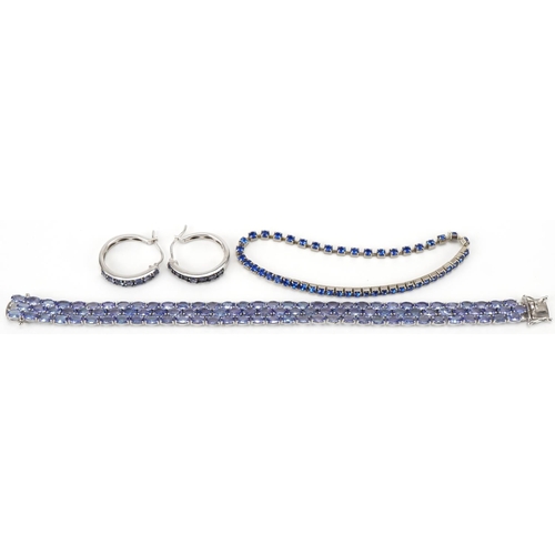 3230 - Modern silver and tanzanite bracelet, 20cm in length, together with a pair of silver and tanzanite h... 