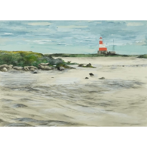 3601 - Beach with a lighthouse, 20th century Modern British school mixed media pastels and watercolour, fra... 