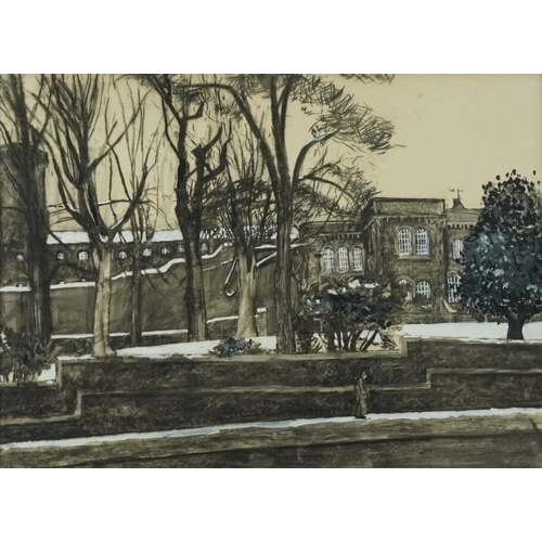 3600 - Figure before a country house, late 20th century Modern British school mixed media charcoal and wate... 