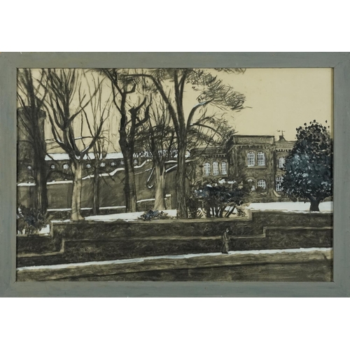 3600 - Figure before a country house, late 20th century Modern British school mixed media charcoal and wate... 