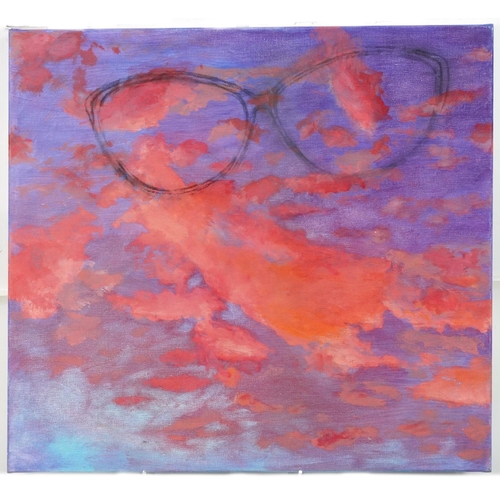 3602 - Abstract night sky with glasses, contemporary Modern British school oil on canvas, unframed, 76cm x ... 