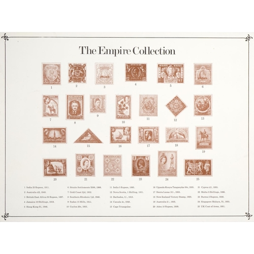 412 - The Empire Collection, twenty five silver replica stamps, gold plated, fitted in a red leather case,... 