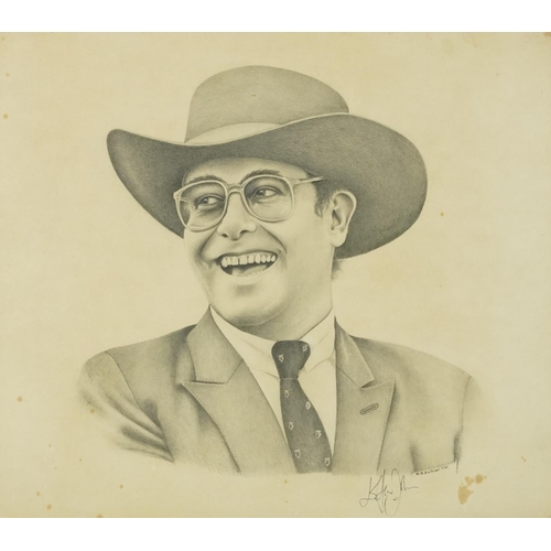 3469 - W. R. Earthrowl - Portrait of Elton John, pencil on card, signed by Elton John, inscription verso si... 