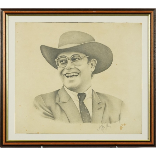 3469 - W. R. Earthrowl - Portrait of Elton John, pencil on card, signed by Elton John, inscription verso si... 