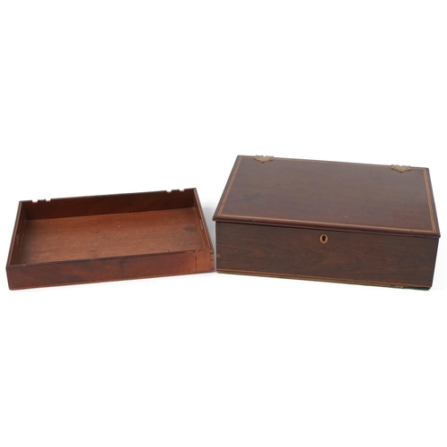 198 - Late George III mahogany artist's box with boxwood line inlaid decoration, the hinged top revealing ... 