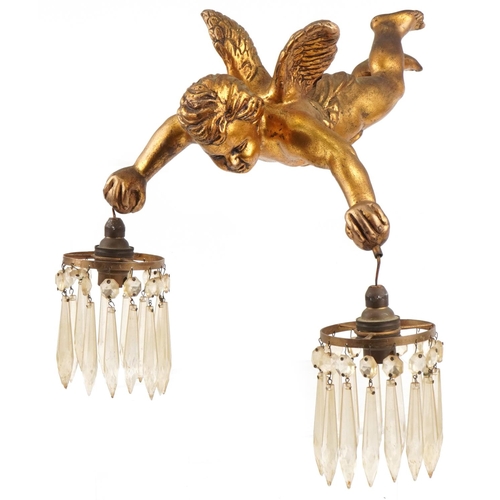 272 - Gilt plaster cherub design hanging light fitting with cut glass drops, 30cm in length