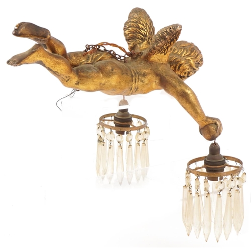 272 - Gilt plaster cherub design hanging light fitting with cut glass drops, 30cm in length