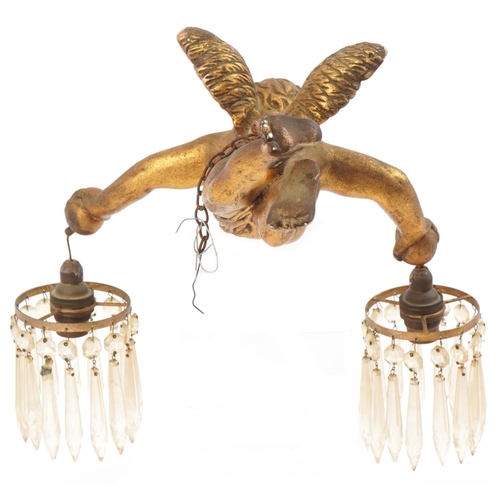 272 - Gilt plaster cherub design hanging light fitting with cut glass drops, 30cm in length