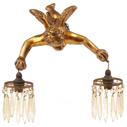 272 - Gilt plaster cherub design hanging light fitting with cut glass drops, 30cm in length