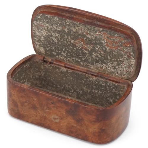 289 - Early 19th century burr walnut table snuff box of curved rectangular form, 14cm H x 10cm W x 6cm D