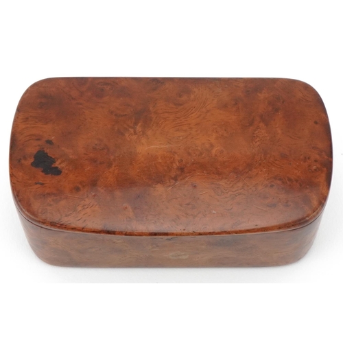 289 - Early 19th century burr walnut table snuff box of curved rectangular form, 14cm H x 10cm W x 6cm D